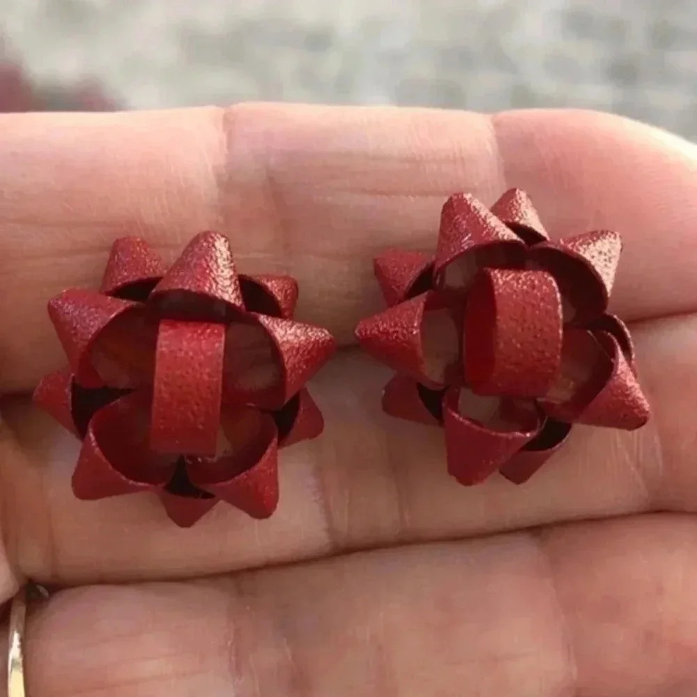 Red Textured Metal Holiday Bow Stud Earrings NWT